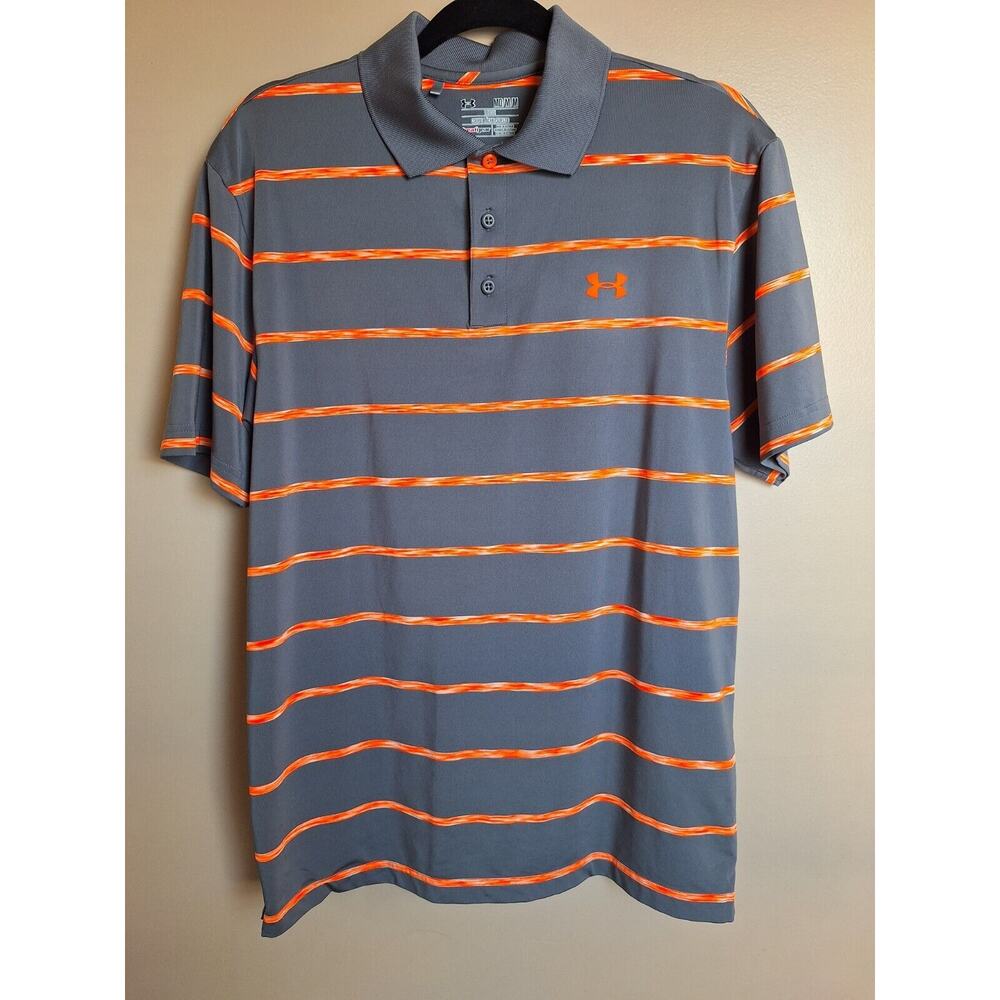 Under Armour Mens Sz Medium‎ Gray/Orange Striped Loose Fit Golf Polo Shirt